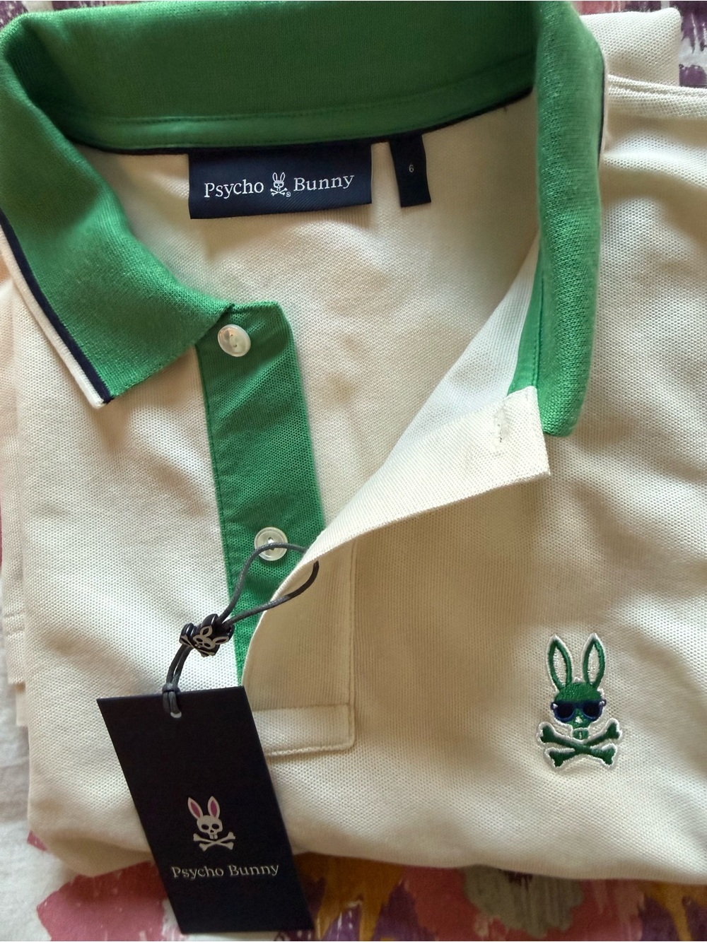 Psycho Bunny Cream Polo with Green Trim